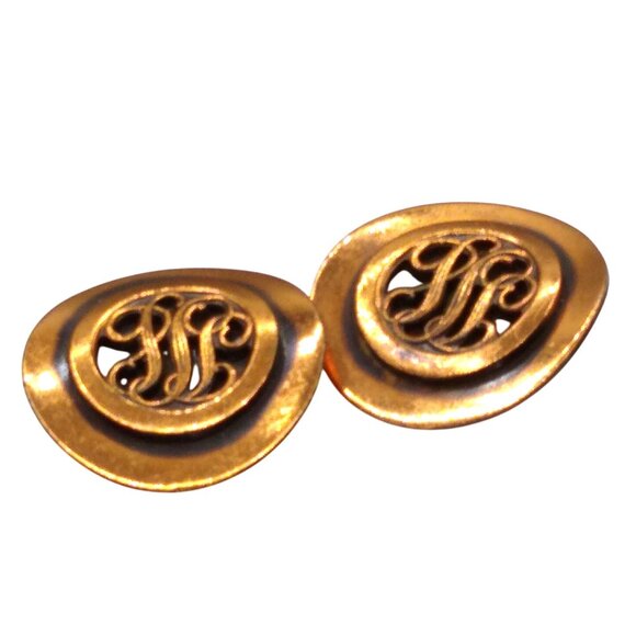 Vintage Monogram Style Copper Earrings, Clip On Modernist Mid Century Scrollwork - Picture 2 of 4
